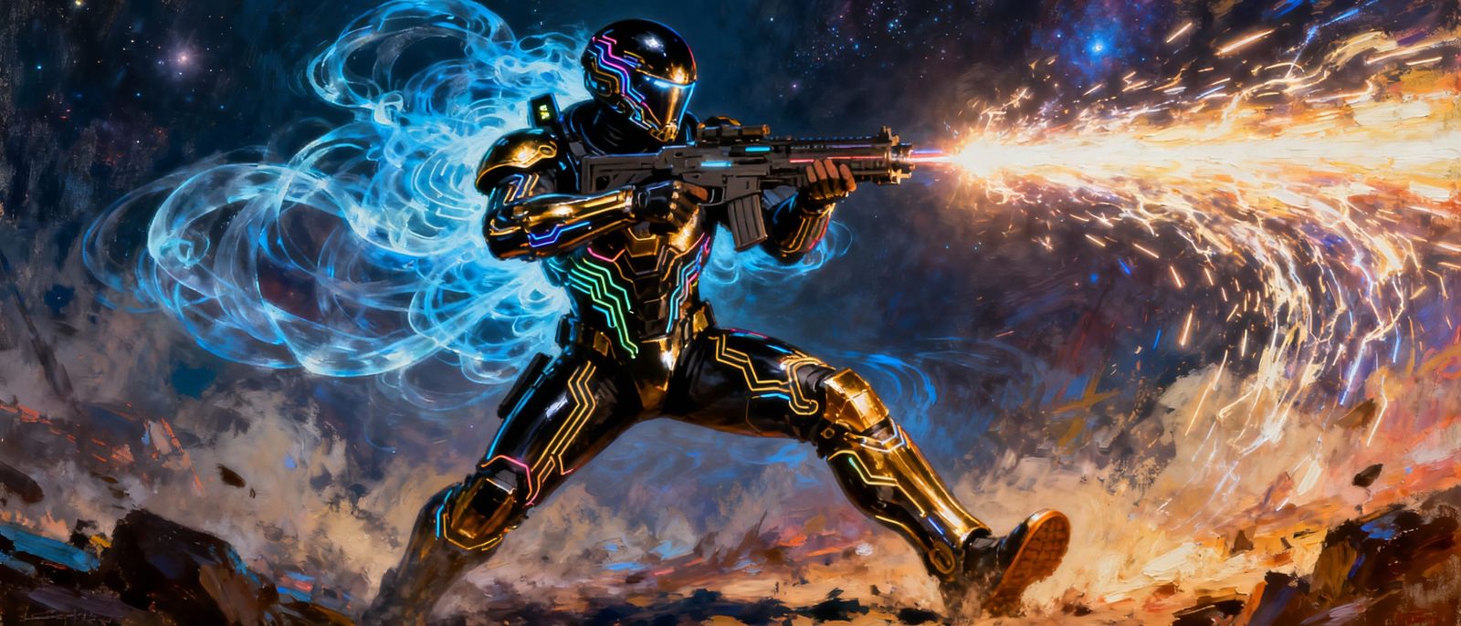 Bounty Hunter in Neon Filigree Armor with Laser Rifle