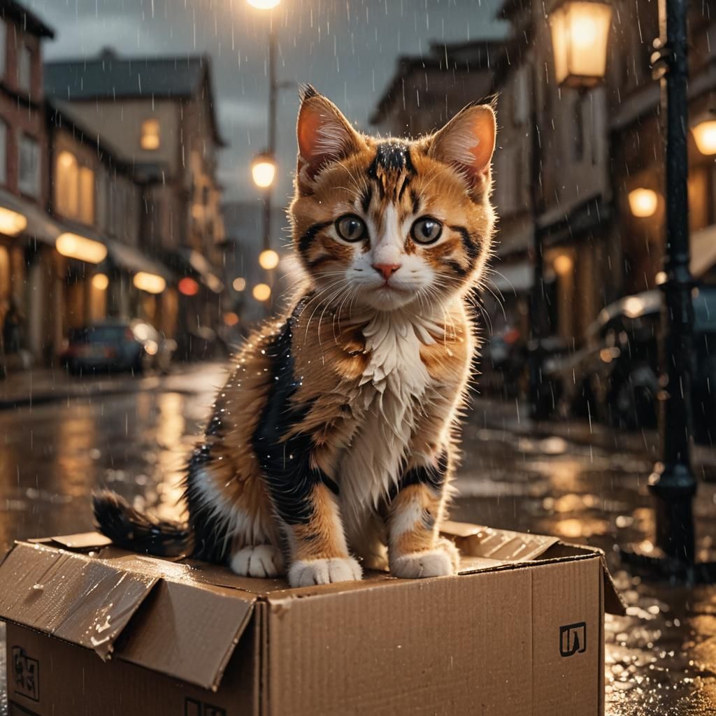 Calico Kitten in Rain: Cinematic Digital Painting