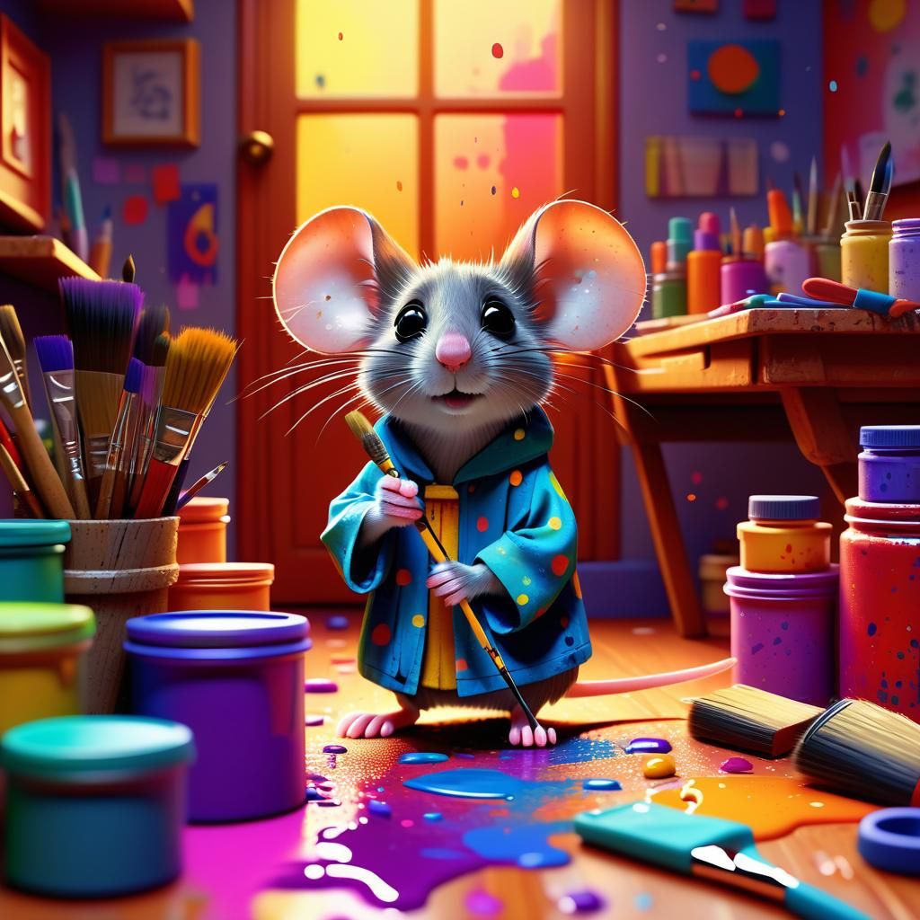Whimsical Mouse Artist in Cozy Studio