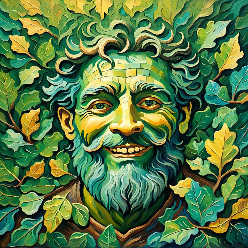 Green Man Portrait in Neo-Impressionistic Oil Painting