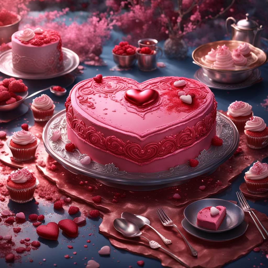Heart-Shaped Red Velvet Cake: A Digital Painting