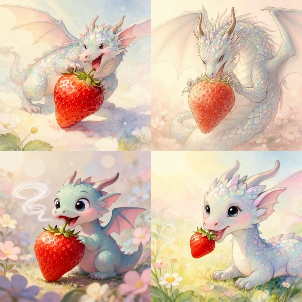 Playful Pastel Dragon Enjoys a Strawberry