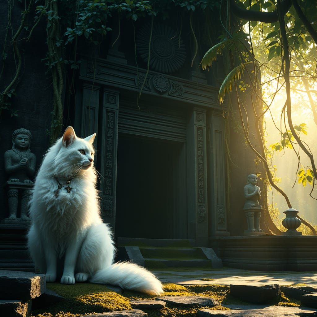 White Cat at Jungle Temple, Photorealistic Digital Art