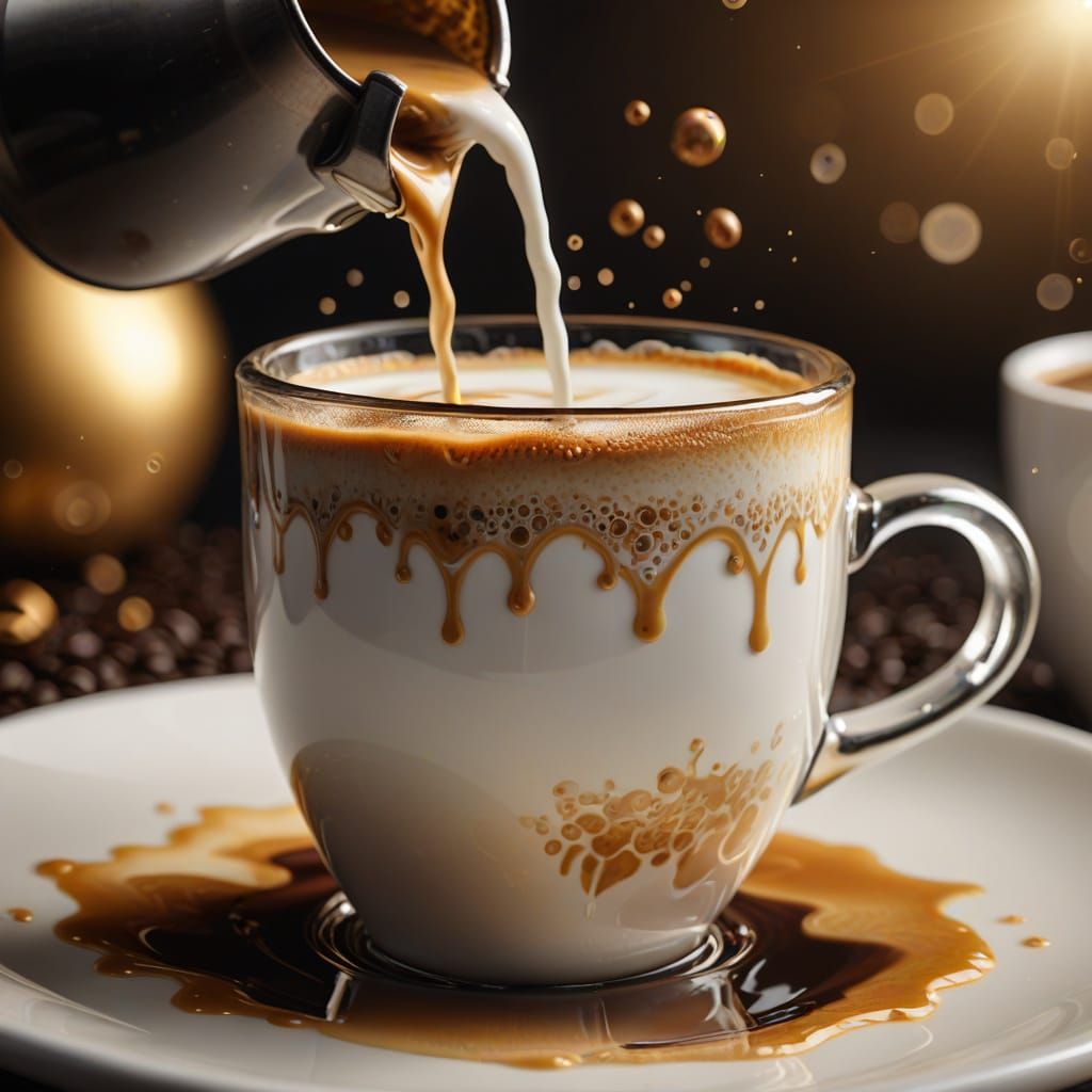 Hyperrealistic Macro of Milk Pouring into Coffee