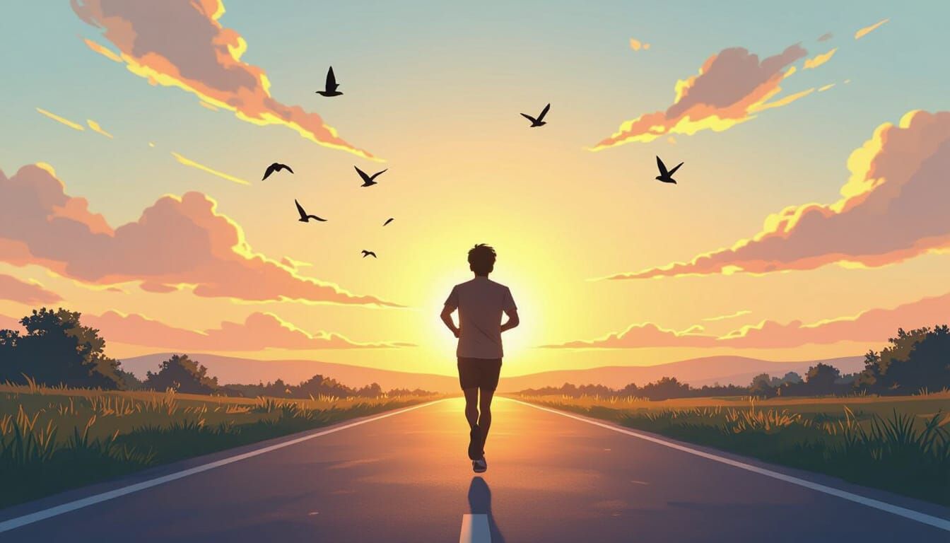 Indian Man Jogging Towards Glowing Horizon in Anime Style