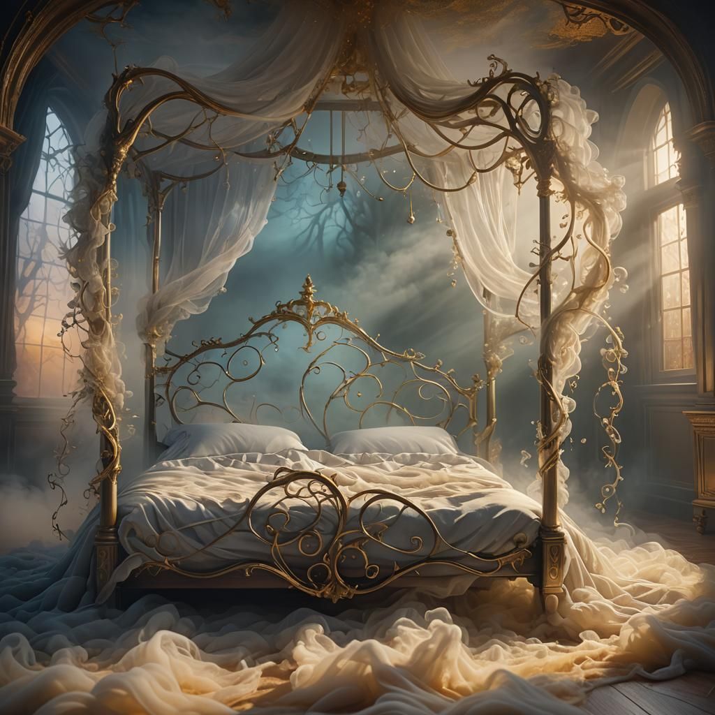 Mystical Fog Bed in Dreamlike Surrealist Style