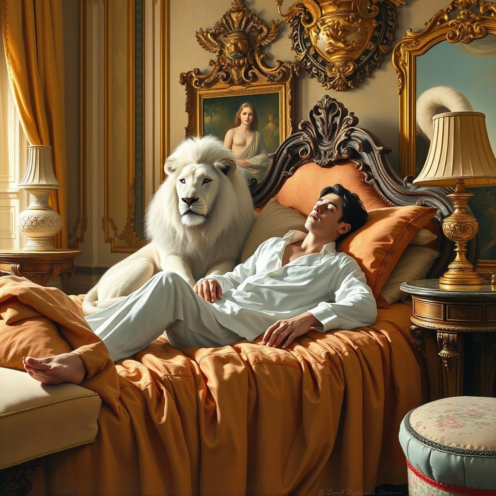 Serene Young Man with Majestic White Lion in Lavish Bedroom
