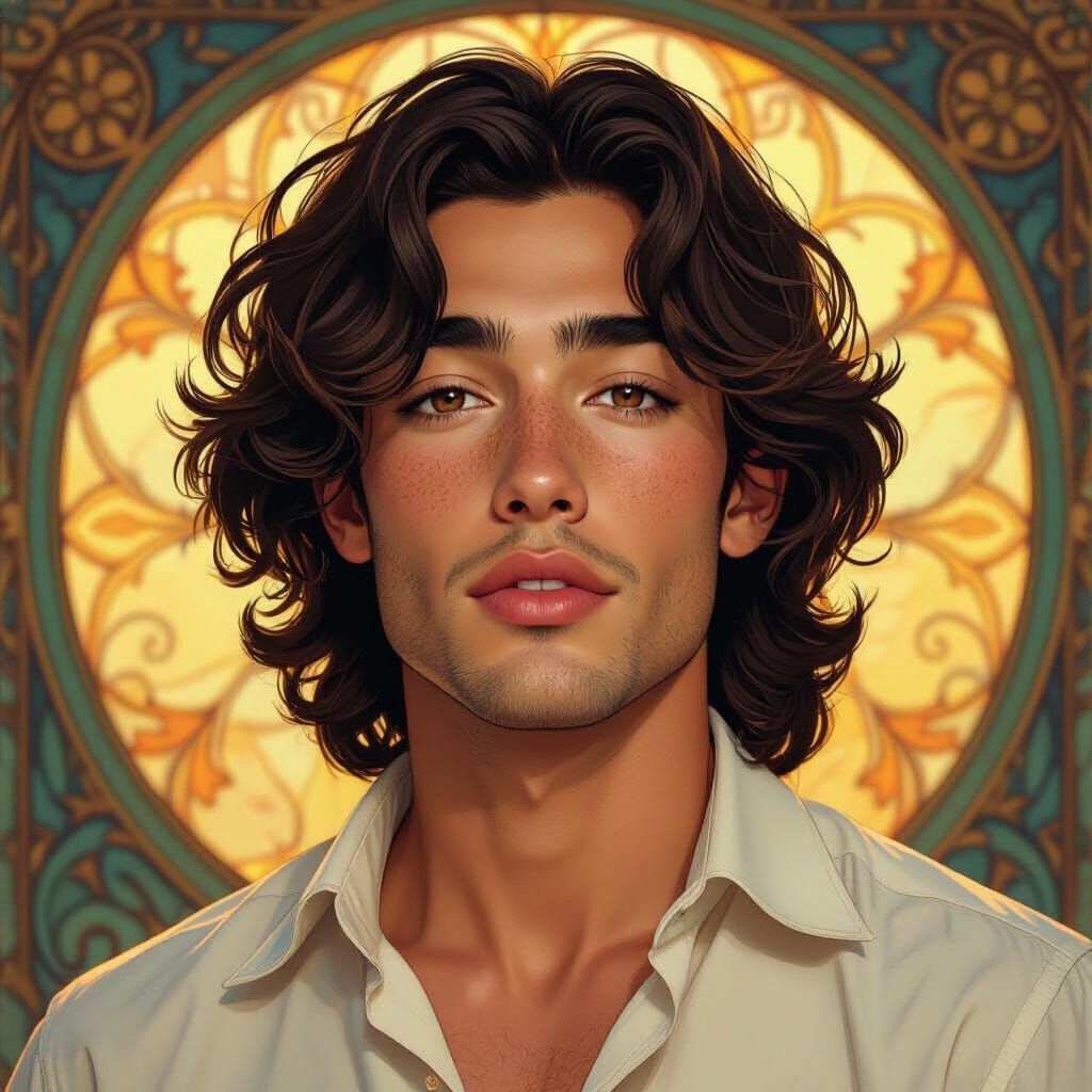 Spanish Young Man in French Shirt with Curly Hair