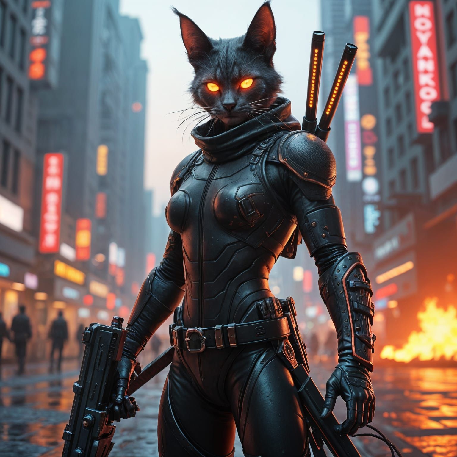 Futuristic Cat Warrior in Burning City, Matte Painting