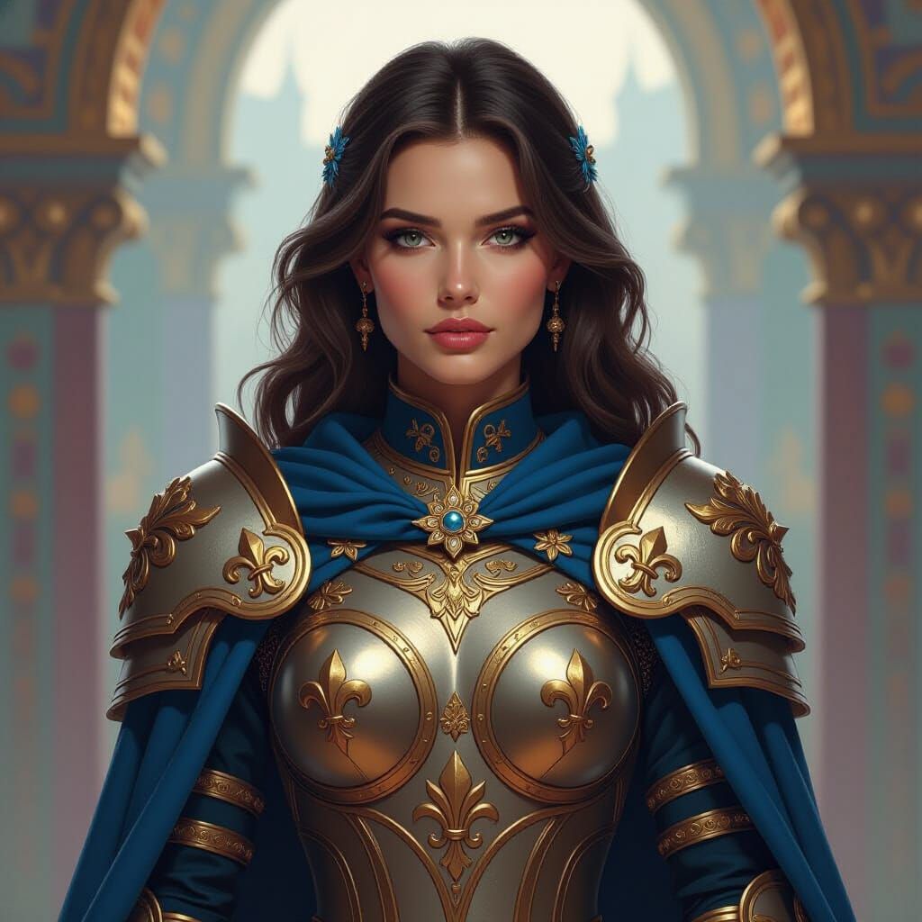 Armored Woman with Fleur-de-Lis, Hyperrealistic Digital Art