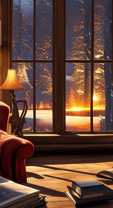 Winter Cabin Interior with Snowy Lake View
