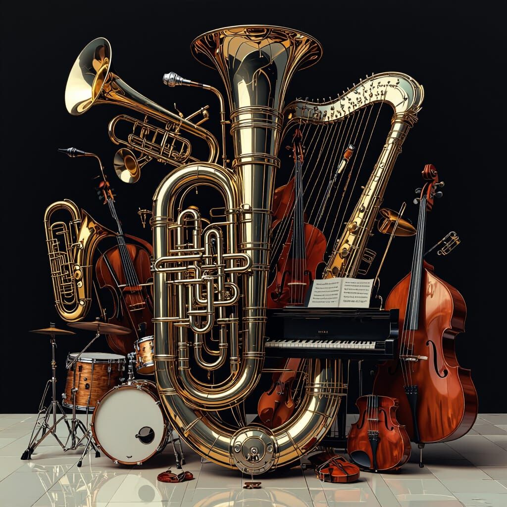 Surreal Tuba Symphony on Black Background