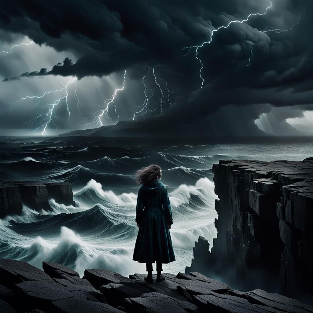Ominous Figure on Cliff Edge During Storm