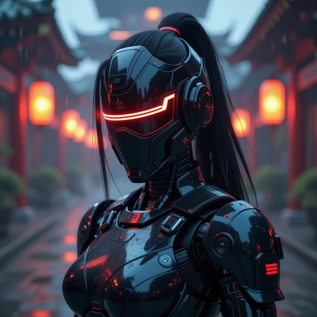 Cyberpunk Robot Samurai with Flowing Hair and Katana