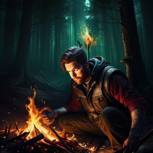 Bonfire deep in the woods in the dark night