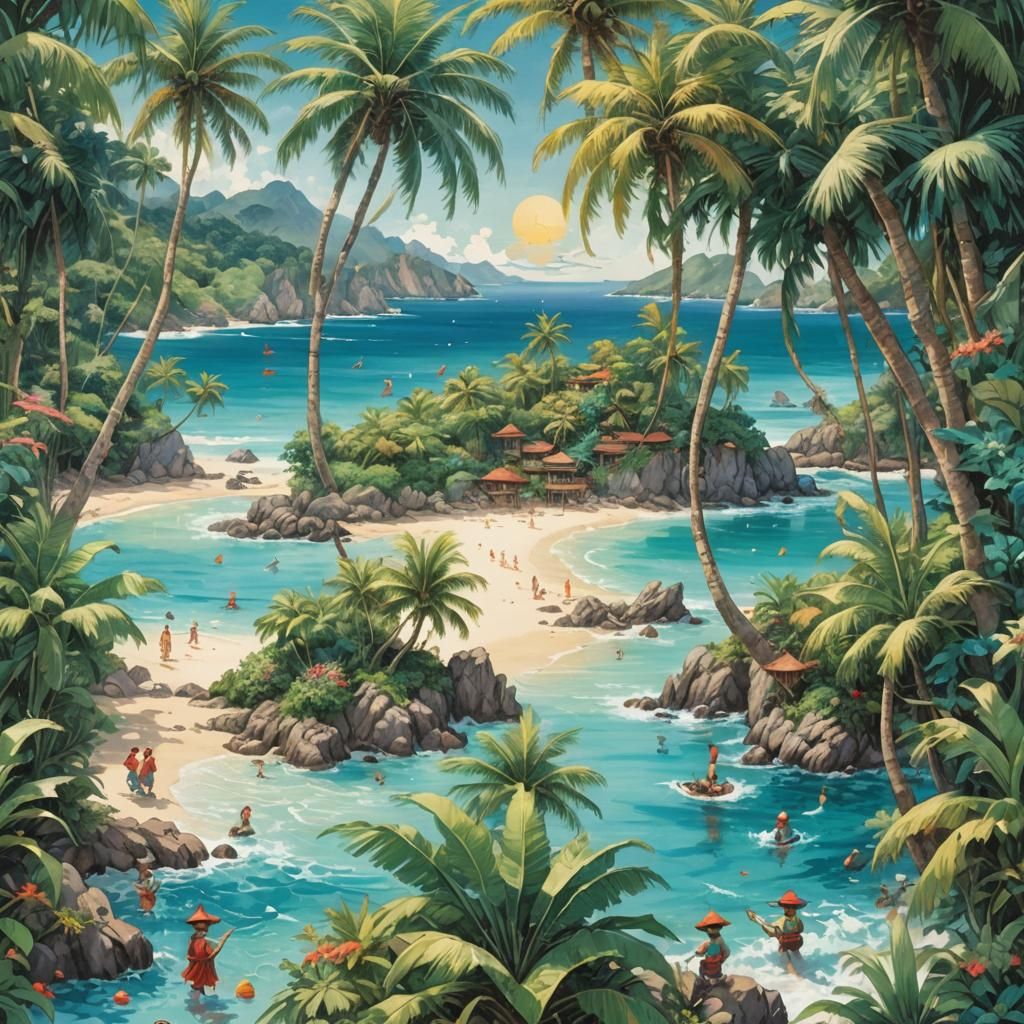 Tropical Beach Scene with Elves and Gnomes