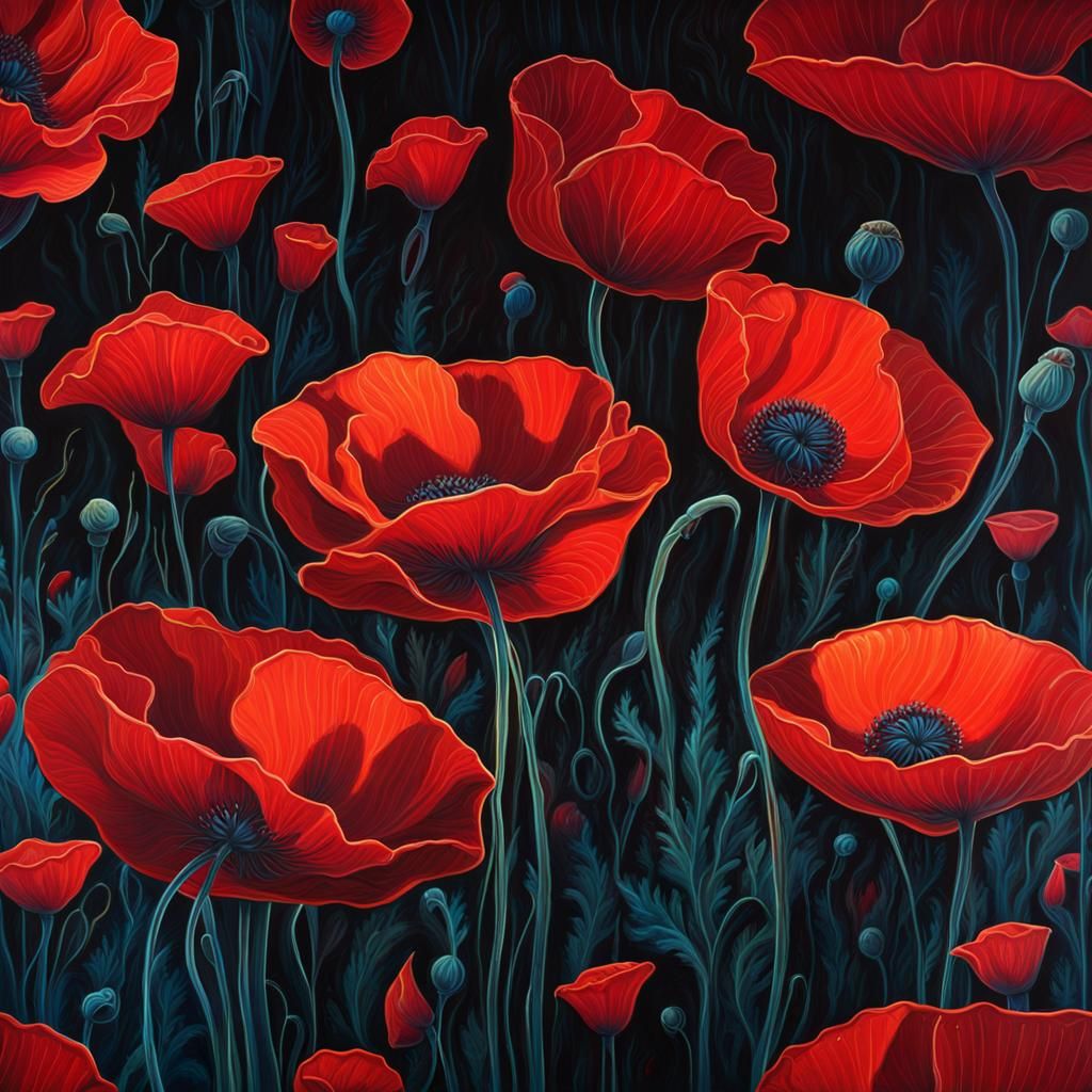 Surreal Bioluminescent Poppy Field Landscape Painting