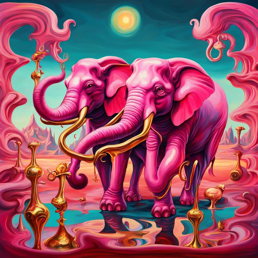 Cartoon Pink Elephants Dance in Surreal Kingdom