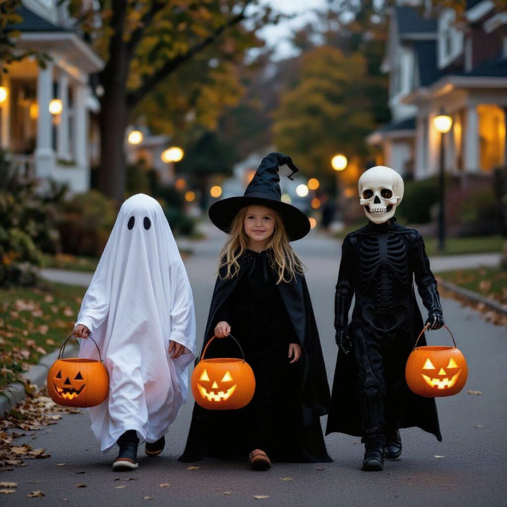 Children Trick-or-Treating in Autumn Decorations