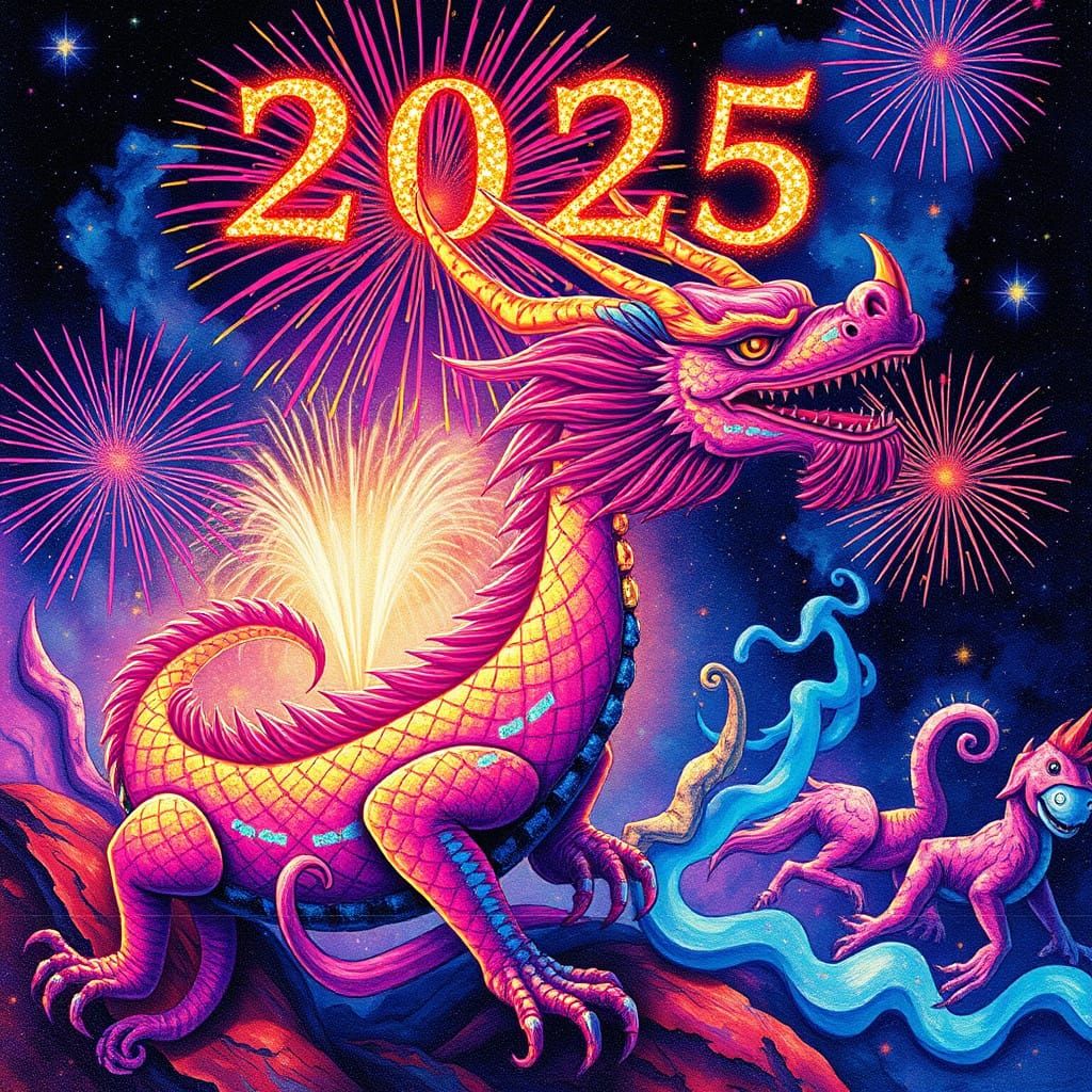 Whimsical Dragon in Cosmic Fireworks Celebration