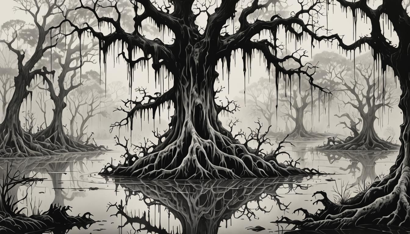 Black and White Swamp Tree Ink Drawing