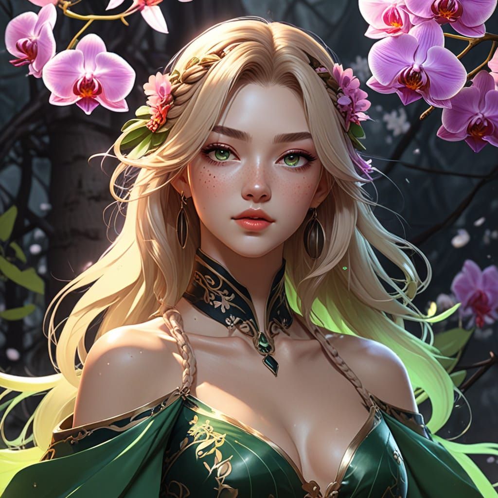 Elegant Woman in Floral Ombre Gown: 3D Anime Art