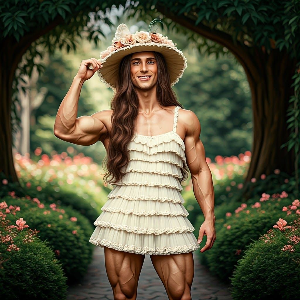 Muscular Young Man in Playful Pose with Ivory Frilly Dress