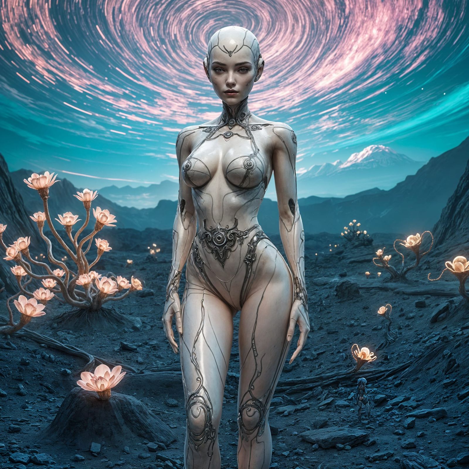 Android Goddess on Alien World in Cyberpunk Style