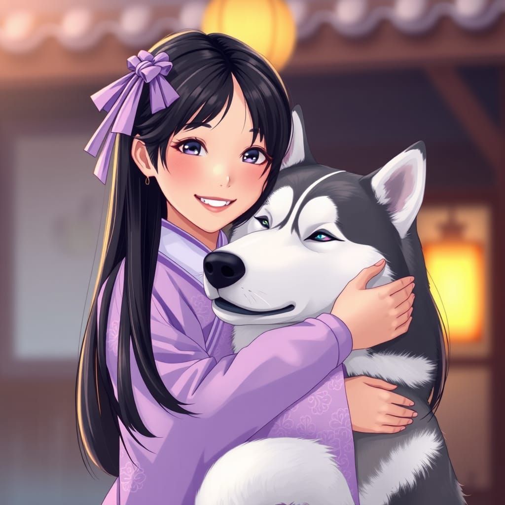 Enchanted Korean Hanbok Girl with Lilac Eyes and Siberian Hu...