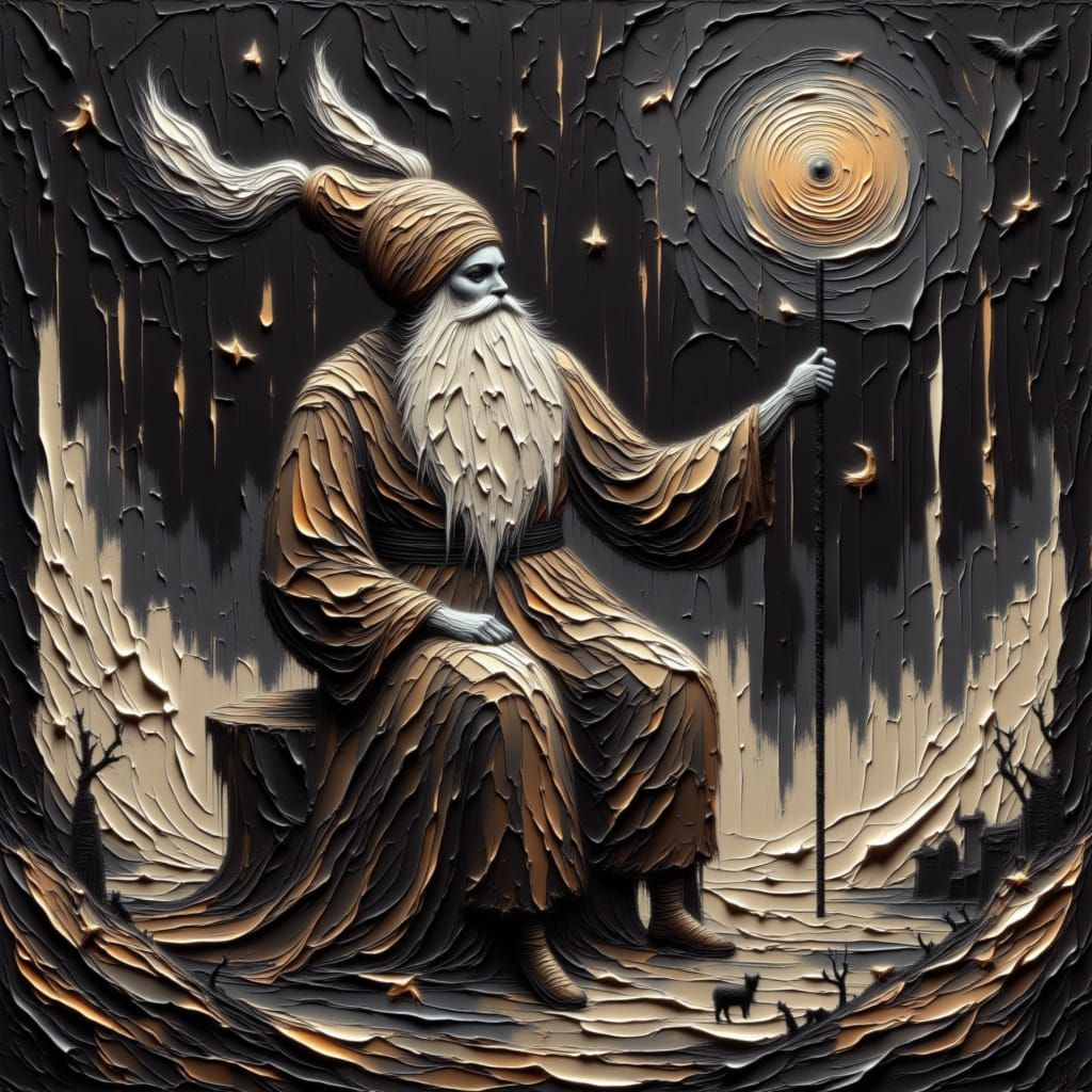 Concept art. A wise old wizard with a long, flowing beard, c...