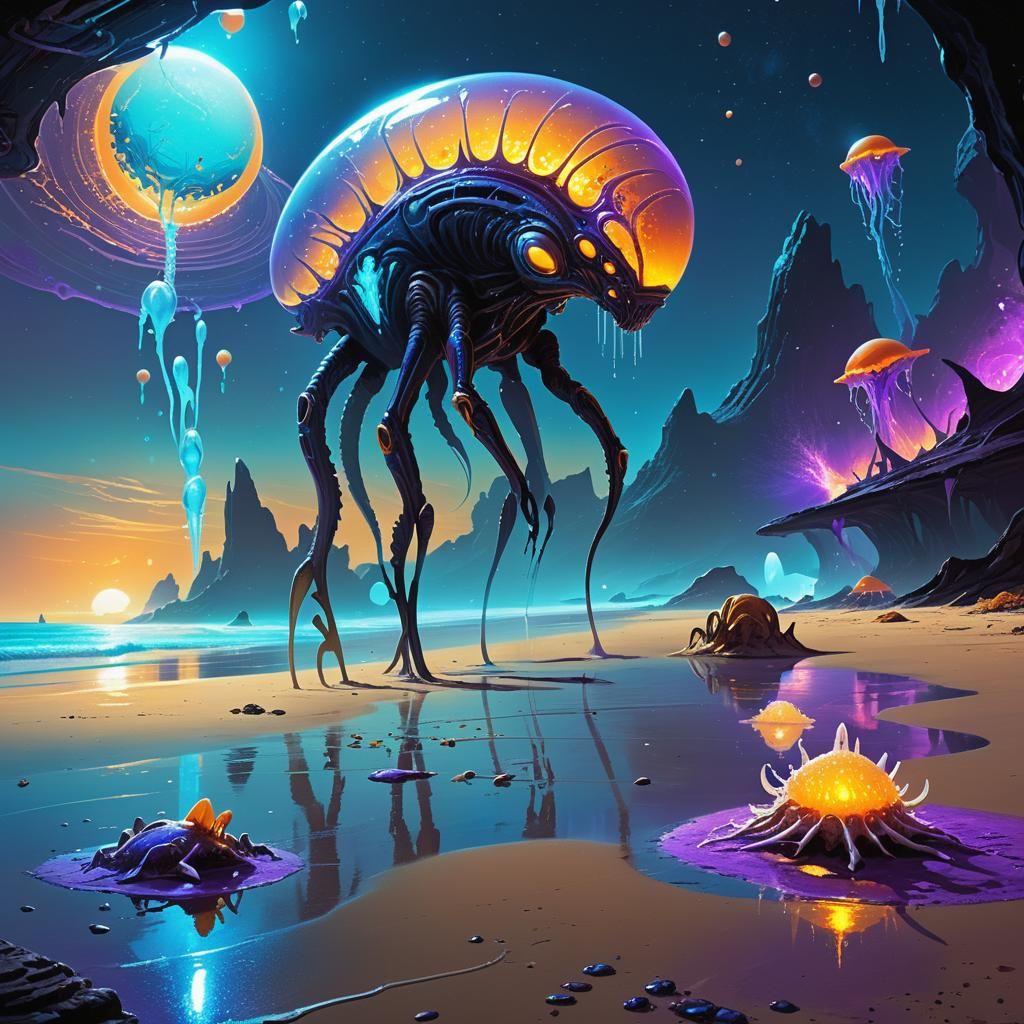 Bioluminescent Alien Beach: Sci-Fi Concept Art