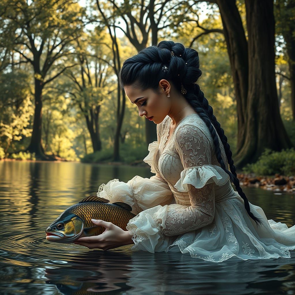 Elegant Woman in Baroque-Inspired Gown Kneeling at Water's E...