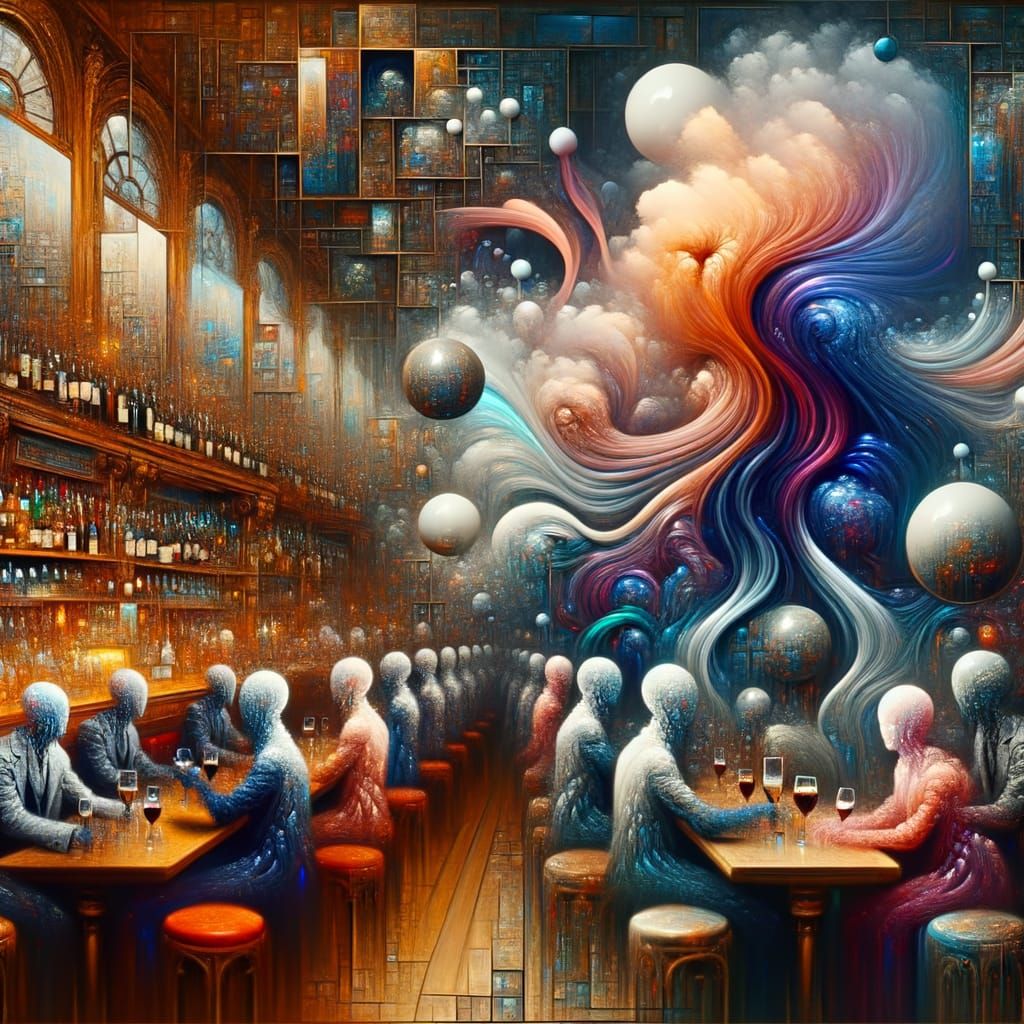 Geometric Abstractions in Tavern with Impressionist Smoke