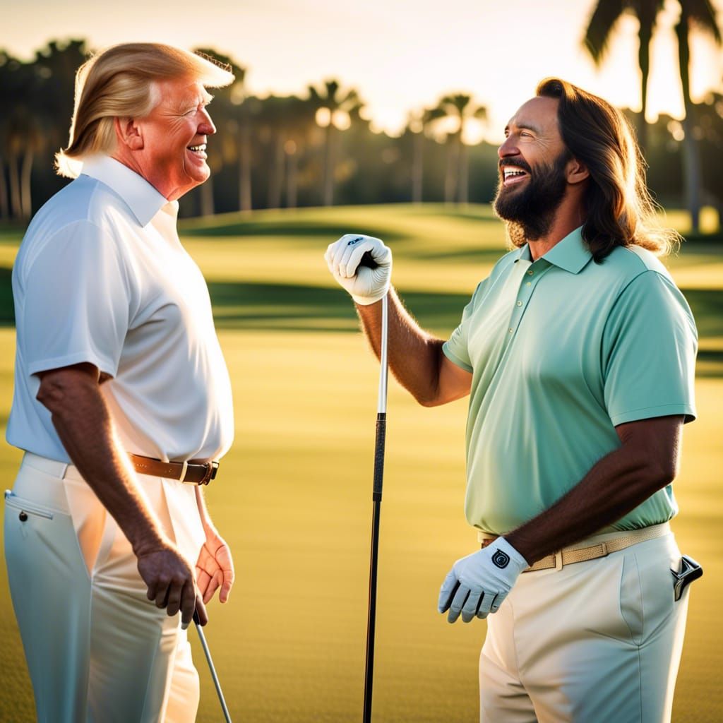 Jesus and Trump Golfing in Florida Portrait