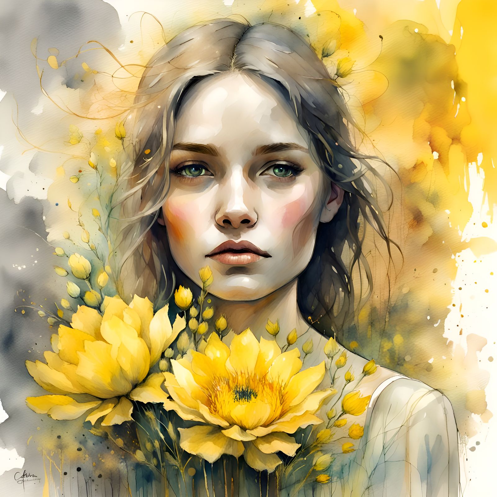 Woman with Yellow Bouquet: Digital Watercolor Illustration