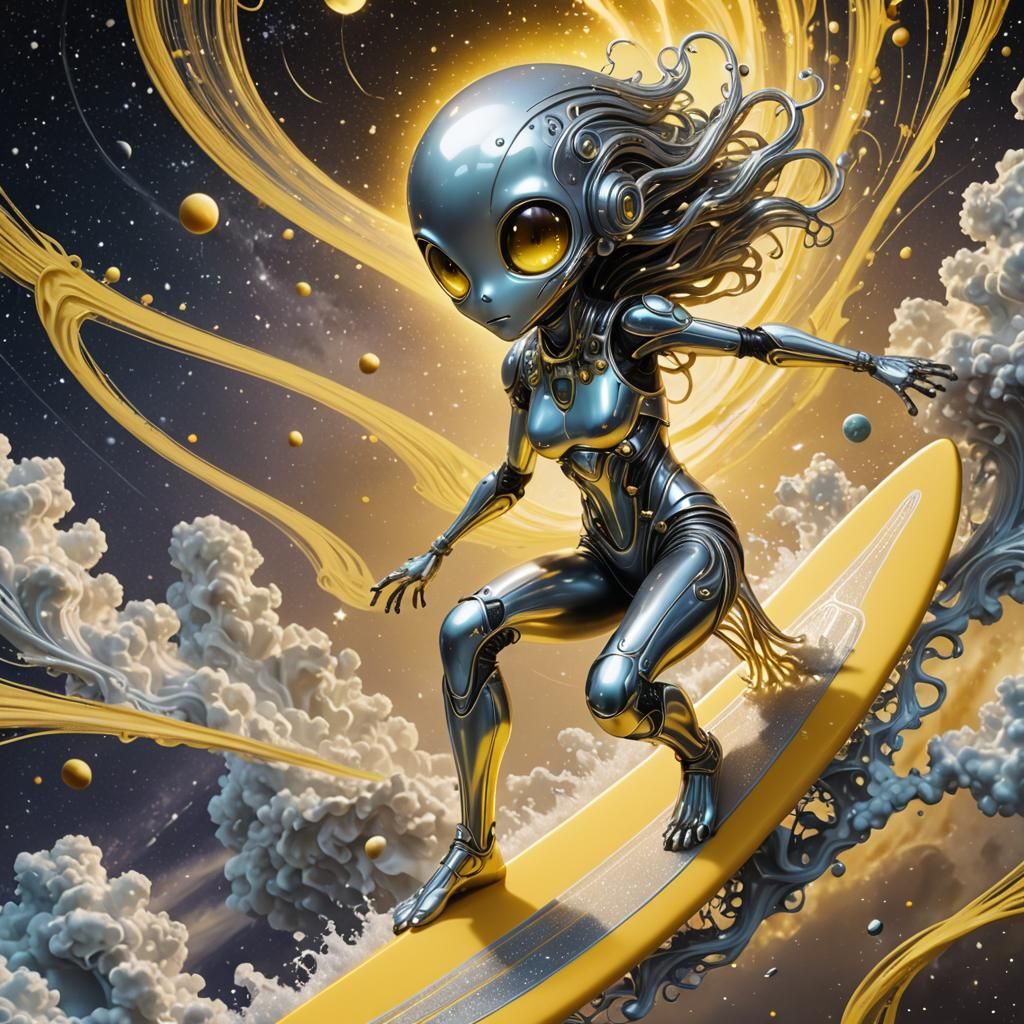 Galactic Kawaii Alien Surfer on Comet's Tail