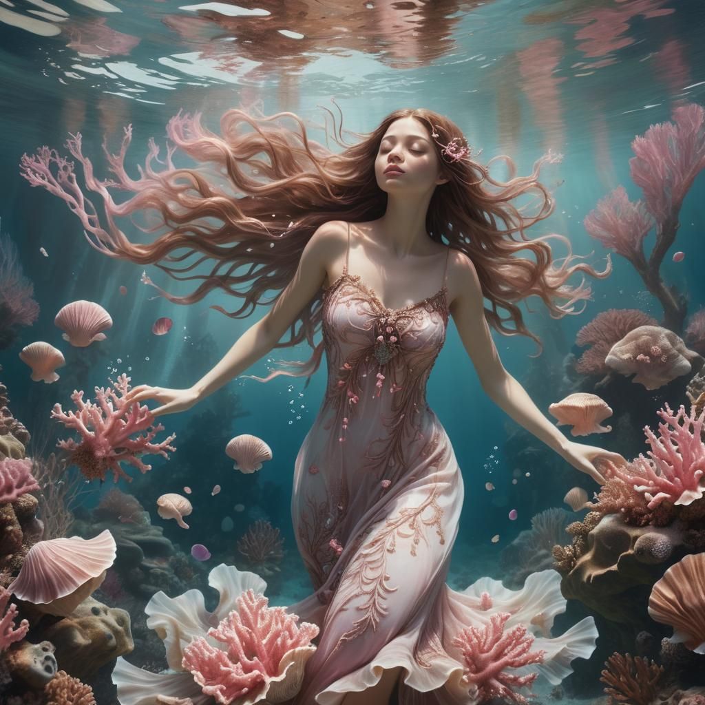 Whimsical Underwater Girl in Dreamy, Fantastical Scenery