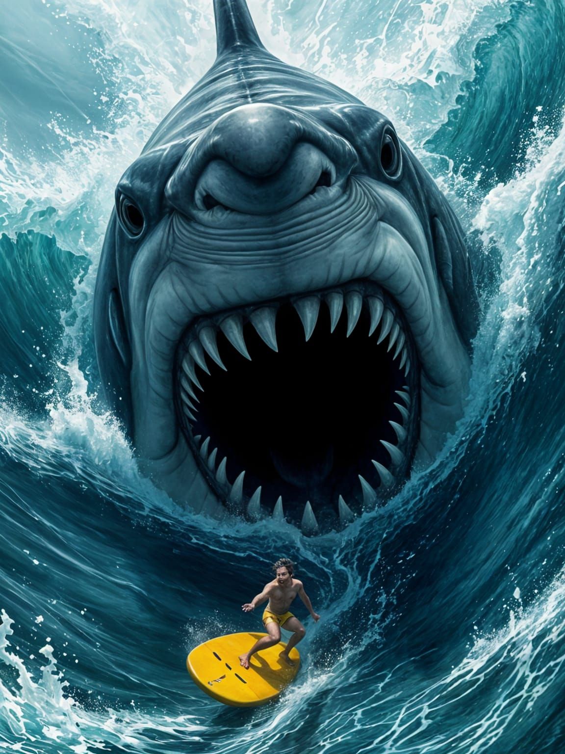 Menacing Shark Attack on Surfer in Fantasy Ocean