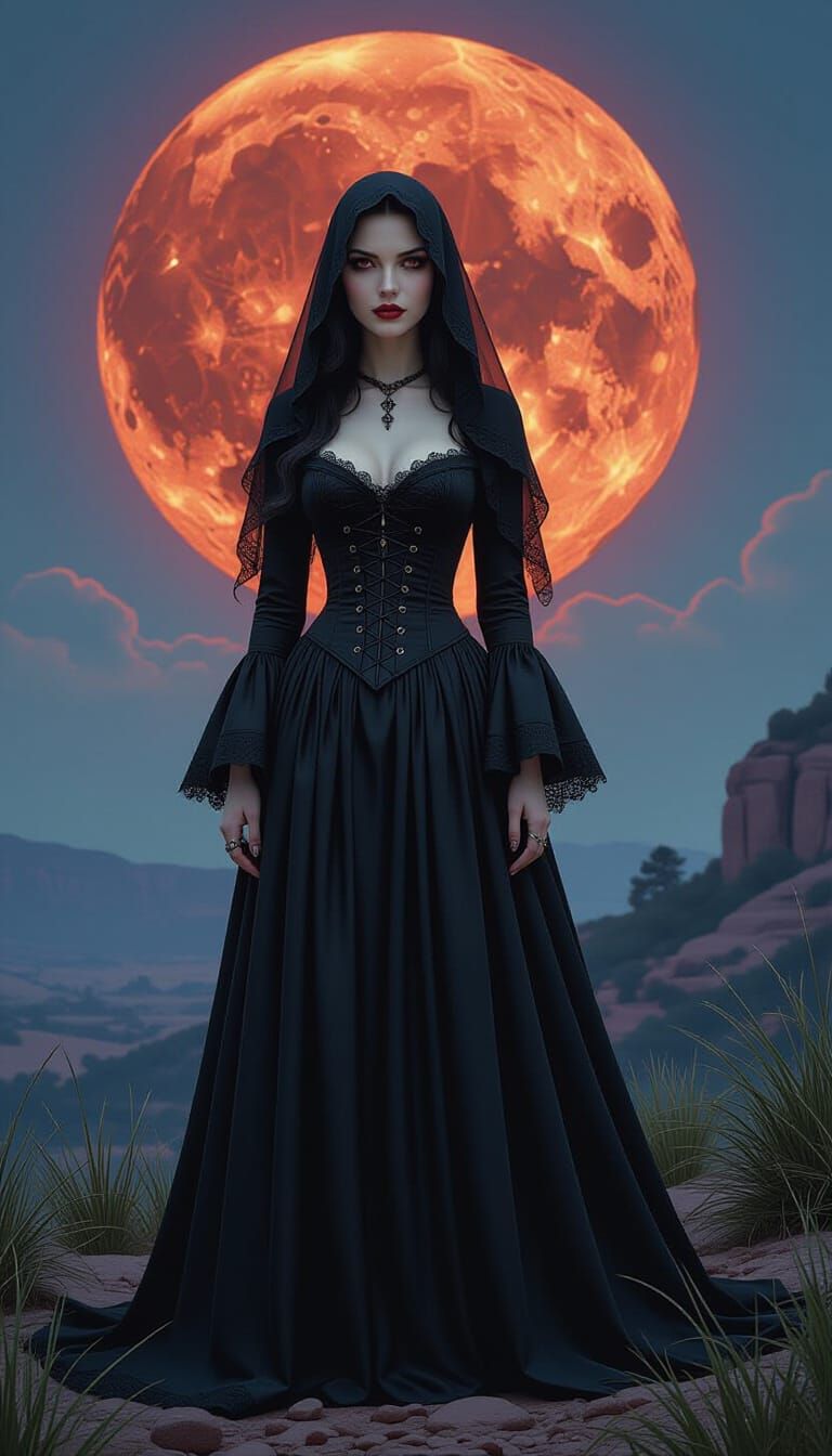 Gothic Vampire Witch in a Moonlit Landscape