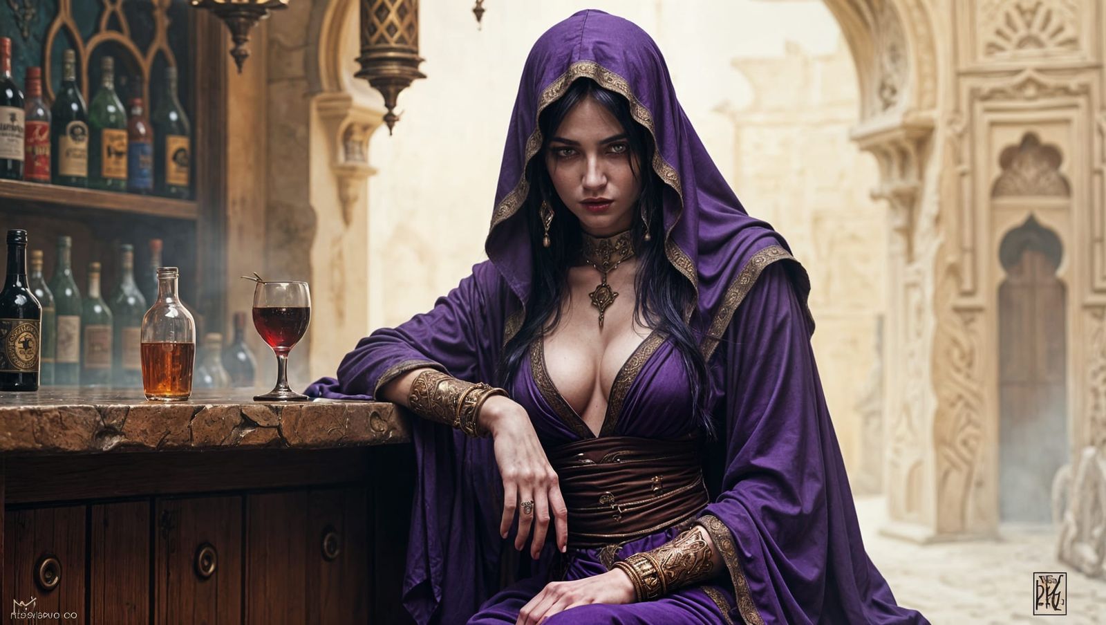 Mysterious Assassin in Deep Purple Robes Leans Against the B...