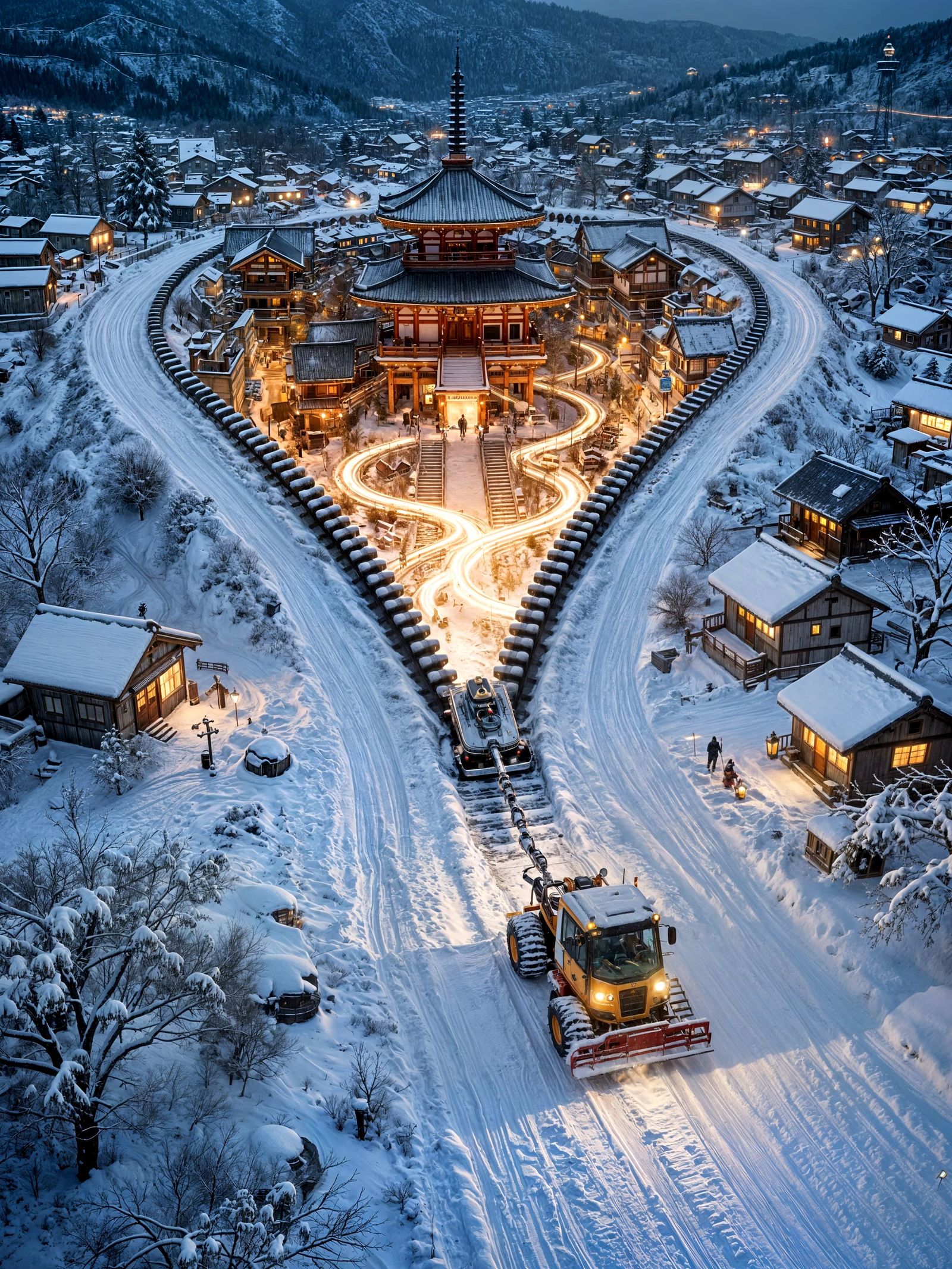 Colossal Japanese Temple Revealed in Snowy Night Landscape