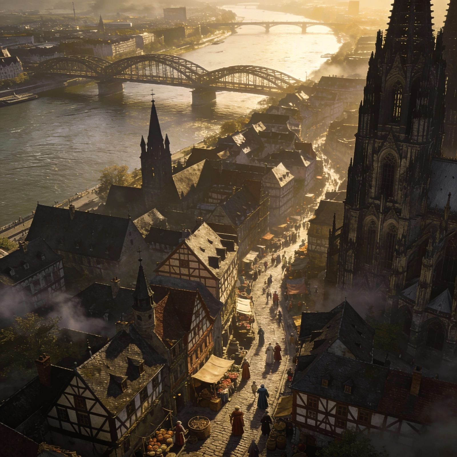 Medieval Cologne Aerial View with Golden Light