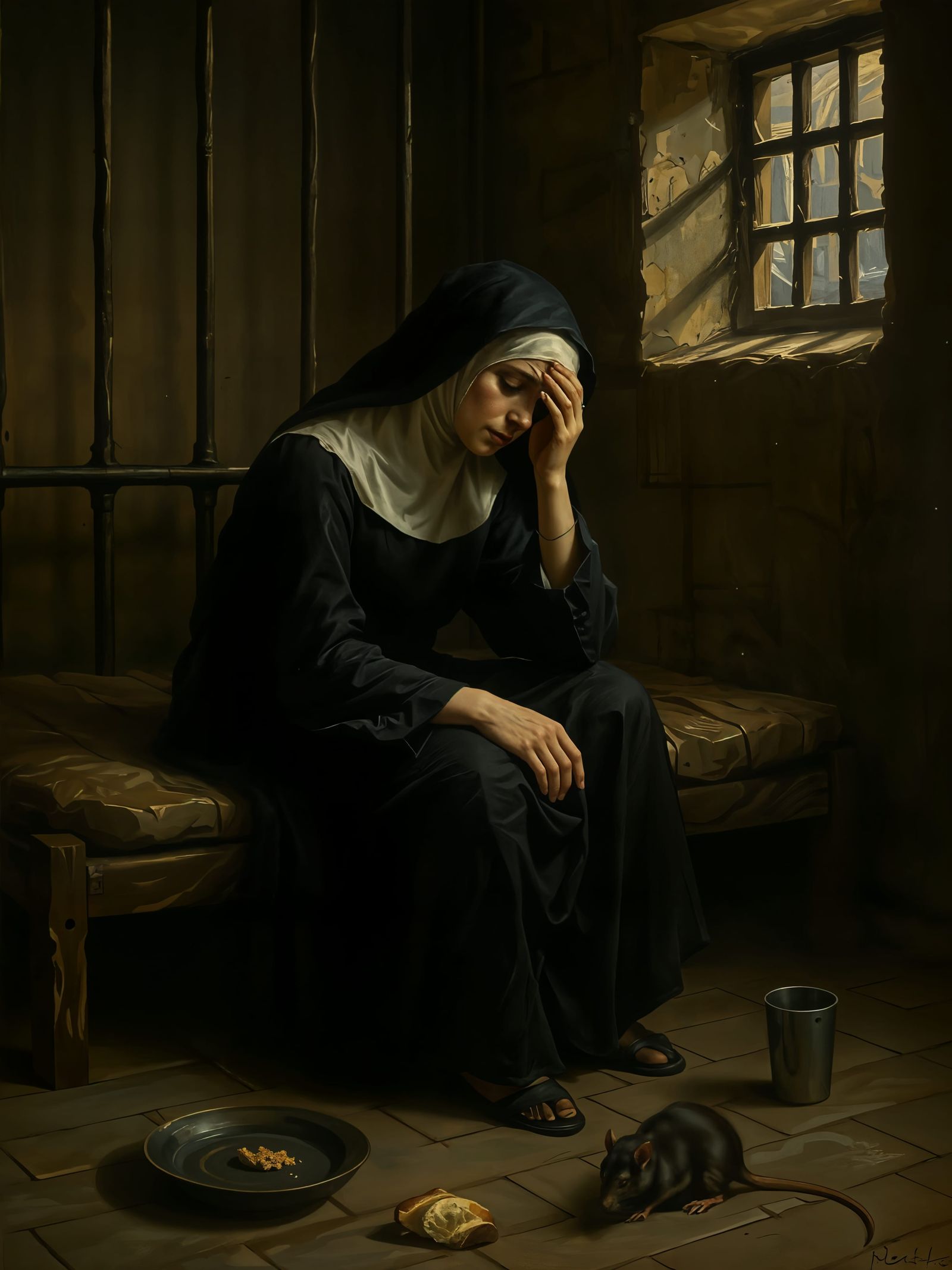 Baroque Painting of Sorrowful Nun in Prison Cell