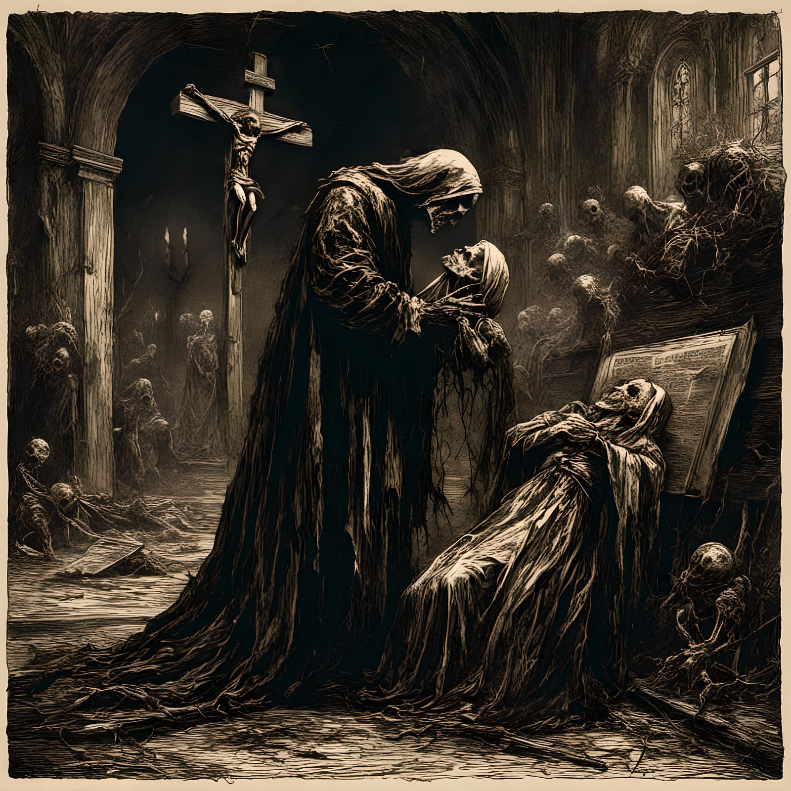 Macabre Zombie Priest Kiss in Creepy Illustration