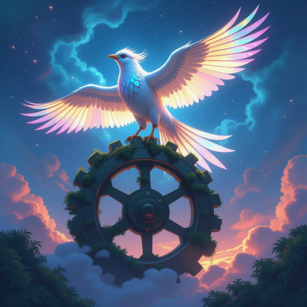 Clockwork Bird Perched on Cosmic Gear