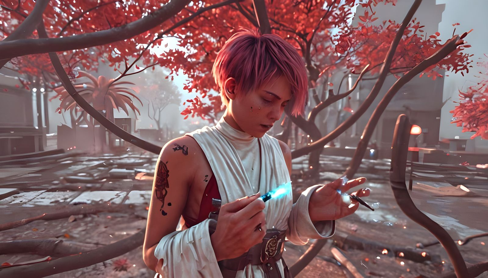 Cyberpunk Monk in Glitching Arcology with Glowing Trees