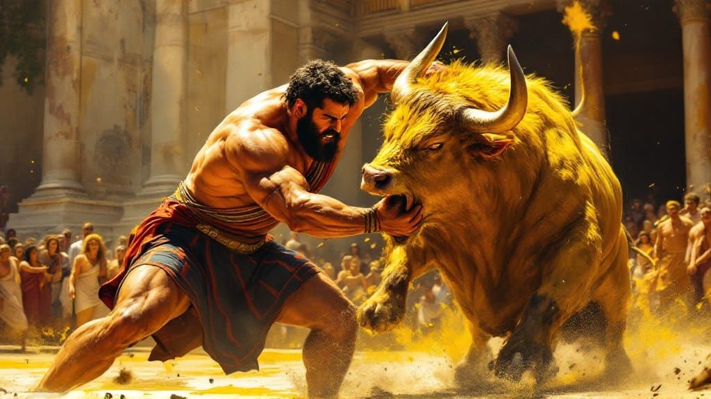 Mighty Greek Wrestler Confronts Enraged Bull in Classic Vase...
