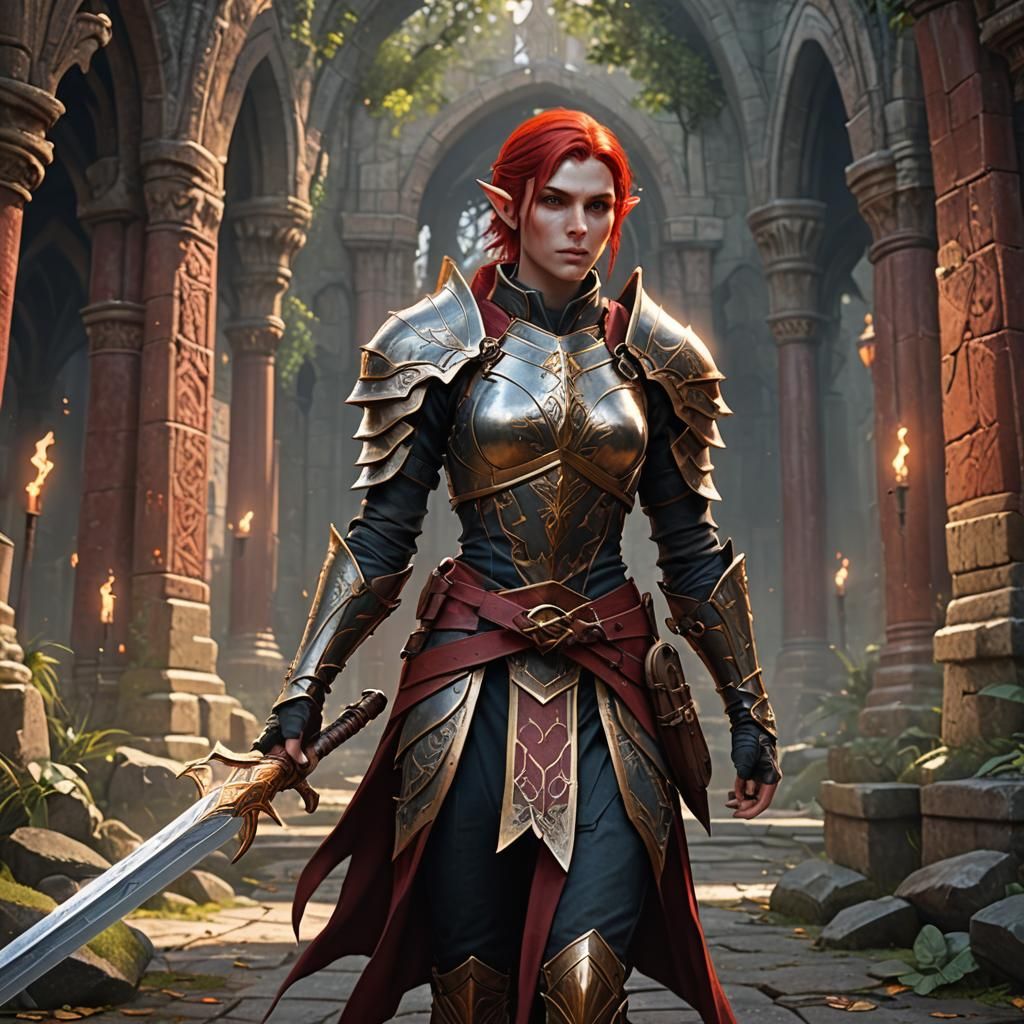 High Elf Paladin with Crimson Hair: Fantasy Art