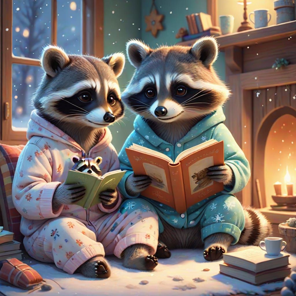 Cozy Bedtime Story: Raccoon Reading to Child