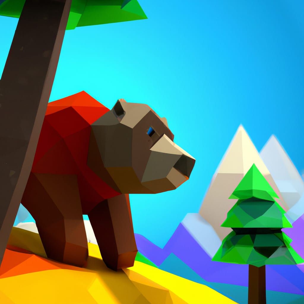 Colorful Polygonal Bear Climbs a Pine Tree